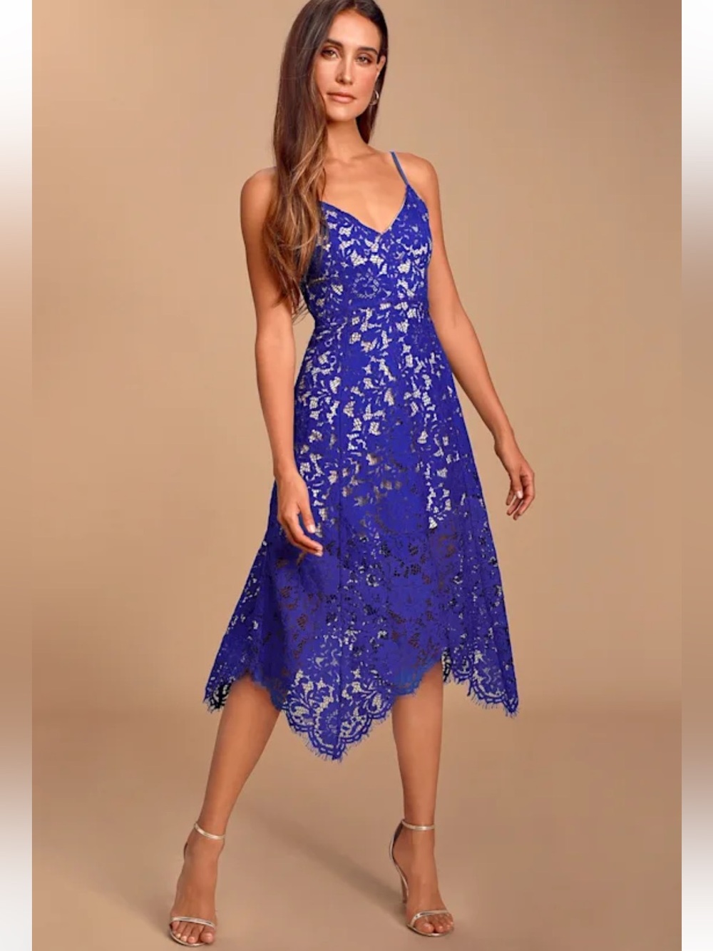 Lulu's Cobalt Blue One Wish Lace Midi Dress with Spaghetti Straps M